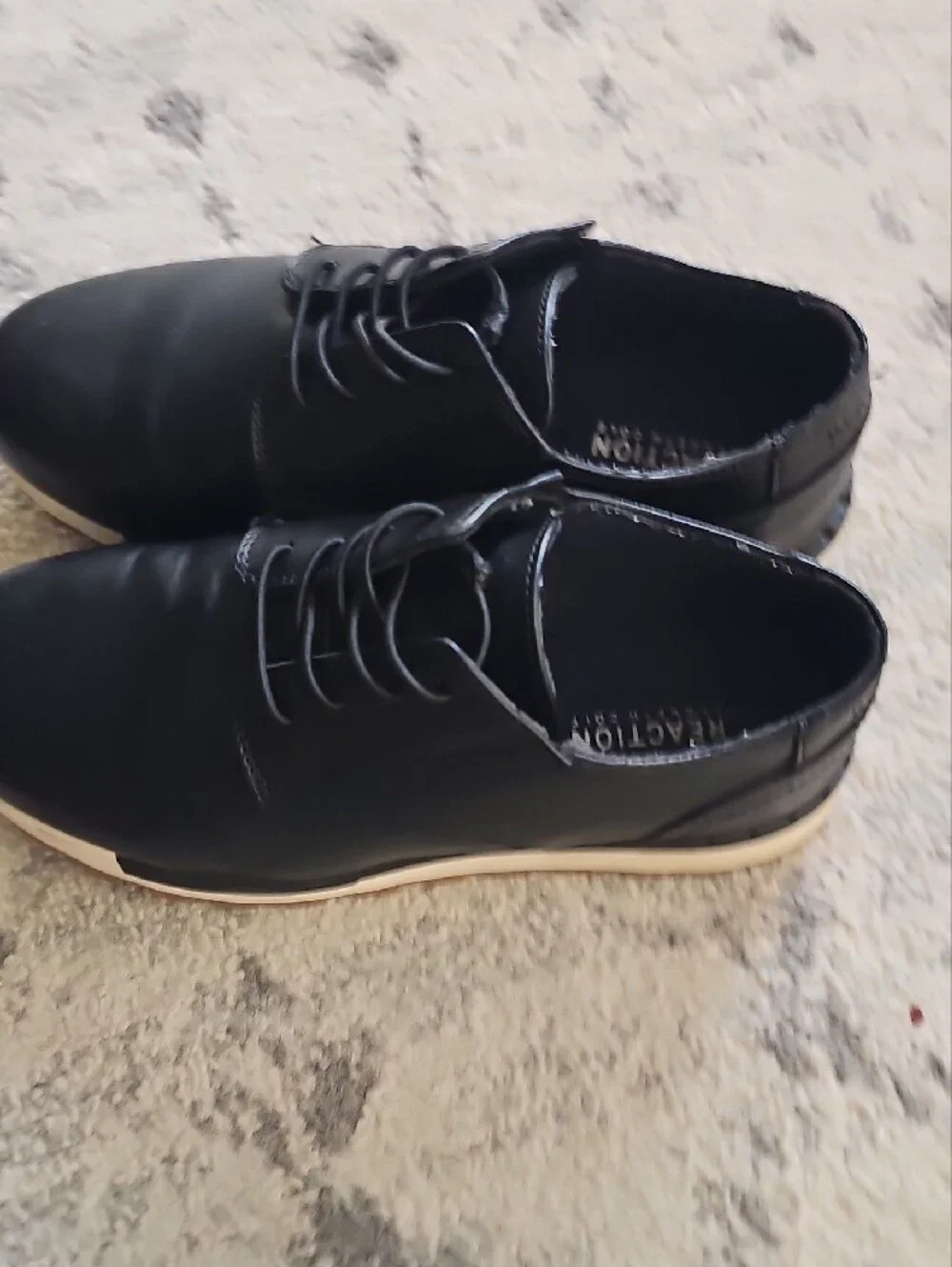Boys Kenneth Cole Black Leather Like Derby with Tan Outsole